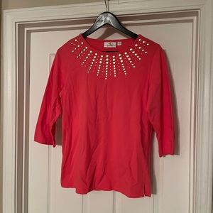 Quacker Factory Top.Coral Color with Gold Studs. 3/4 Sleeves.Cotton. Size Small